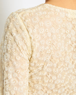 Celine Cream Lace & Embroidery Anglaise Boho Top with Flower and Logo Details Size FR 34 (UK 6)