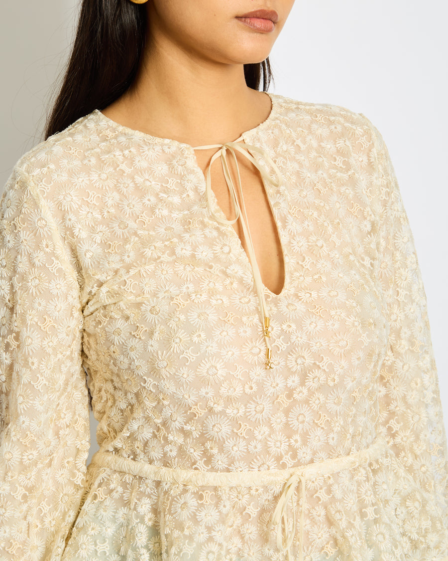 Celine Cream Lace & Embroidery Anglaise Boho Top with Flower and Logo Details Size FR 34 (UK 6)