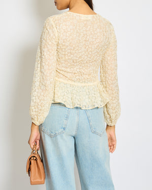 Celine Cream Lace & Embroidery Anglaise Boho Top with Flower and Logo Details Size FR 34 (UK 6)