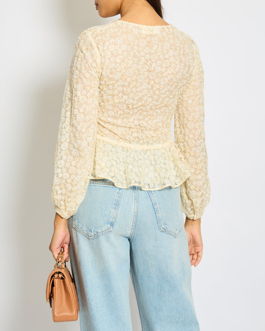 Celine Cream Lace & Embroidery Anglaise Boho Top with Flower and Logo Details Size FR 34 (UK 6)