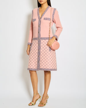 Chanel 15/A Pink Long Sleeve Knitted Dress with Pockets and Navy Blue Stripes and Camelia Logo Buttons Detailing Size FR 40 (UK 12)