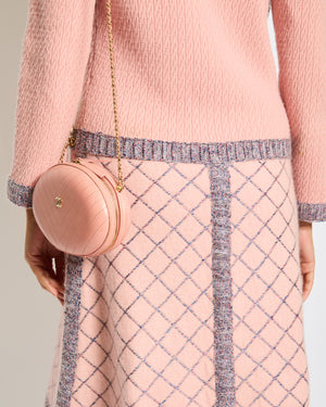 Chanel 15/A Pink Long Sleeve Knitted Dress with Pockets and Navy Blue Stripes and Camelia Logo Buttons Detailing Size FR 40 (UK 12)