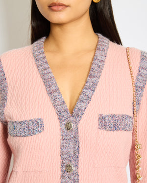 Chanel 15/A Pink Long Sleeve Knitted Dress with Pockets and Navy Blue Stripes and Camelia Logo Buttons Detailing Size FR 40 (UK 12)