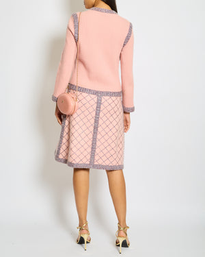 Chanel 15/A Pink Long Sleeve Knitted Dress with Pockets and Navy Blue Stripes and Camelia Logo Buttons Detailing Size FR 40 (UK 12)