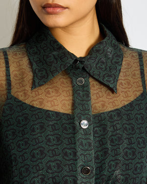 Chanel Khaki Sheer CC Logo Long Sleeve Blouse Size FR 44 (UK 16)