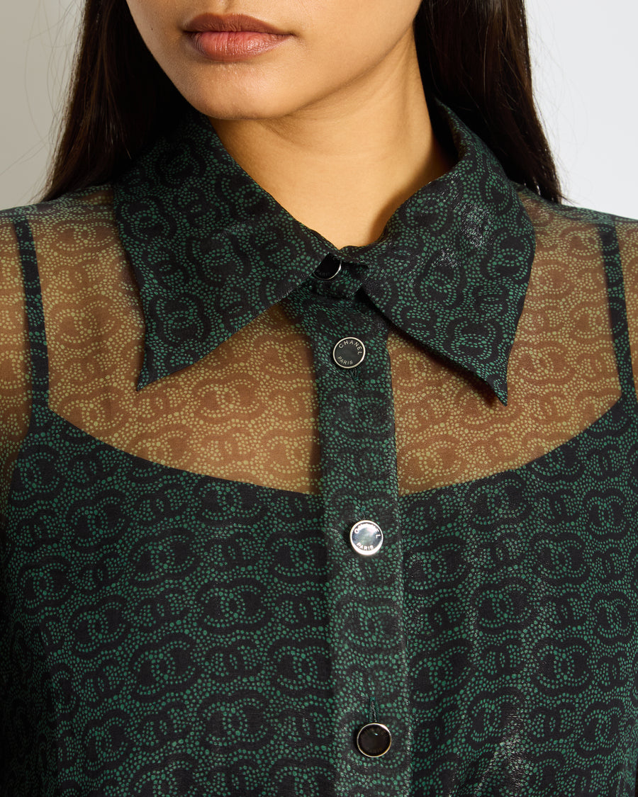 Chanel Khaki Sheer CC Logo Long Sleeve Blouse Size FR 44 (UK 16)