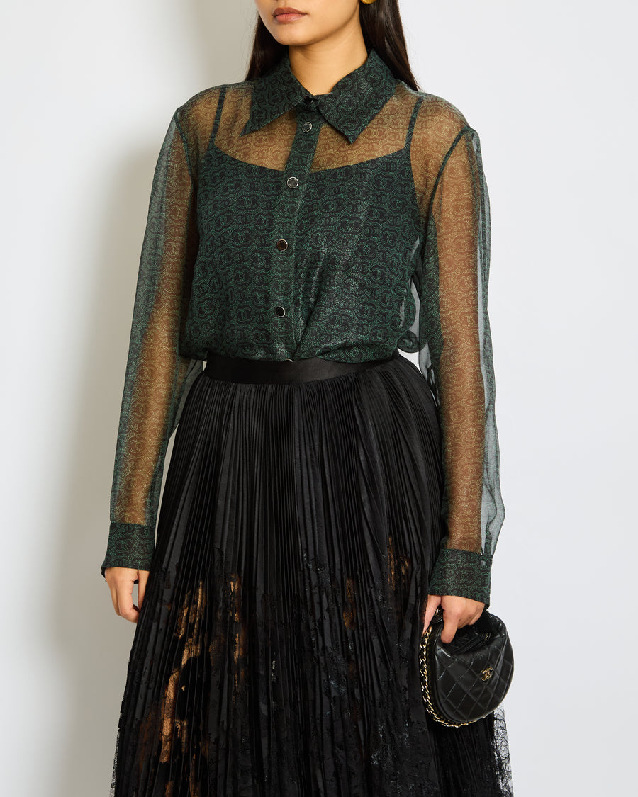 Chanel Khaki Sheer CC Logo Long Sleeve Blouse Size FR 44 (UK 16)