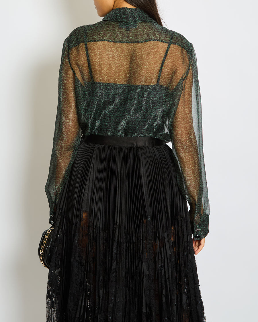 Chanel Khaki Sheer CC Logo Long Sleeve Blouse Size FR 44 (UK 16)