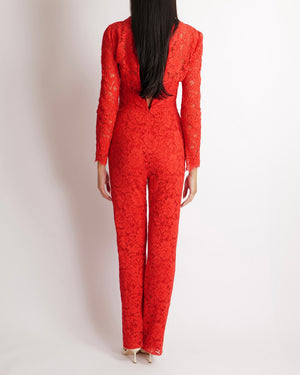 Valentino Red Floral Print Lace Long-Sleeved Jumpsuit Size IT 40 (UK 8)