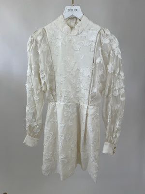 Zimmermann White Mid Neck Long Sleeve Dress with Floral Detail FR 36 (UK 8)