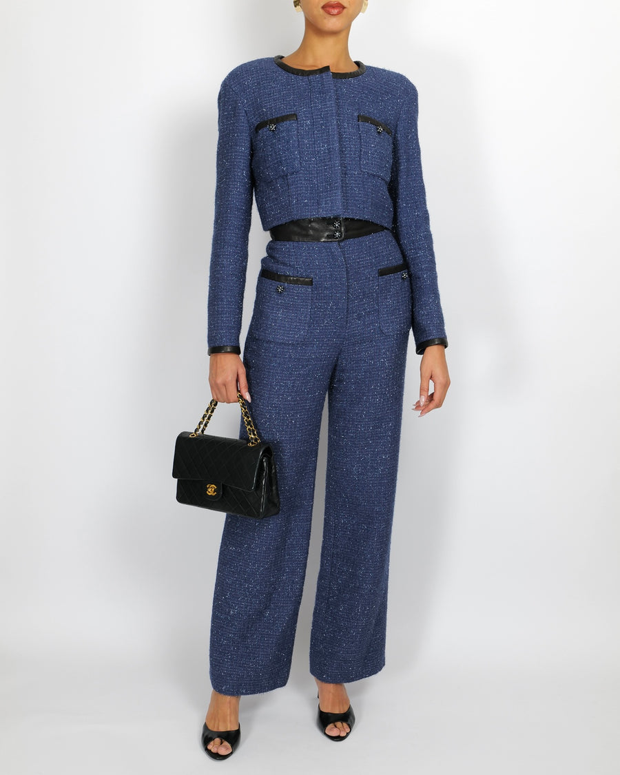 Chanel Cruise 2019 Blue Tweed Cropped Jacket and Trousers Set with CC Logo Buttons and Black Leather Trims Size FR 36/38 (UK 8/10)