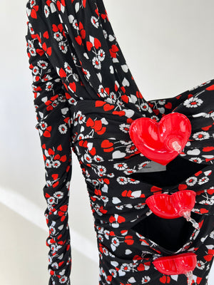 Moschino Black, Red Floral Print Heart-Appliqué One-Shoulder Dress UK 6