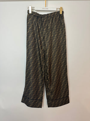 (NEEDS DRY CLEANING AFTER SHOOT) Fendi FF-Motif Printed Trousers in Brown Silk Size IT 38 (UK 6)