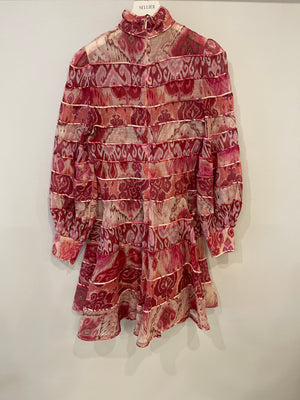 Zimmermann Pink Silk Abstract Printed Long-Sleeve Mini Dress Size 0 (UK 8)