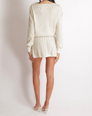 Chanel Cream Angora Wool Sequin Embellished Mini Dress with Metallic Waistband Detail and White and Silver CC Logo Buttons Size FR 38 (UK 10)