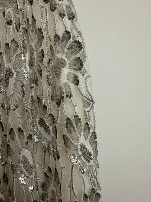 Saint Laurent White & Silver Floral Sequin and Bead Embroidered Mini Dress with White Slip Size FR 36 (UK 8)