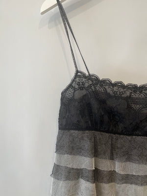 Chanel 05A Black Lace and Silk Grey Caraco Lingerie Ruffle Top with Black CC Logo Detail Size FR 38 (UK 10)