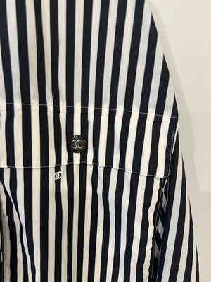 Chanel Black and White Striped Hooded Anorak Jacket with CC Logo Prints and CC Logo Buttons Size FR 36 (UK 8)
