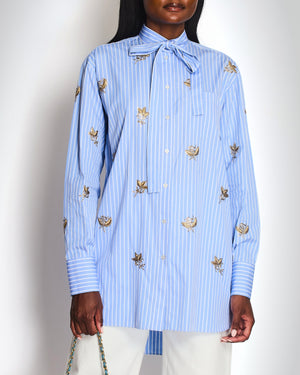 Valentino Blue Striped Oversized Shirt With Gold Floral Embroideries and Tie Neckline Details Size IT 42 (UK 10)