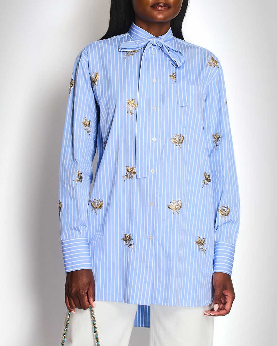 Valentino Blue Striped Oversized Shirt With Gold Floral Embroideries and Tie Neckline Details Size IT 42 (UK 10)