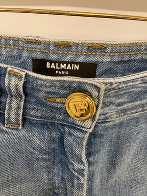 Balmain Light Blue Skinny Jeans with Gold Button and Embroidered Logo Details  FR 38 (UK 10)