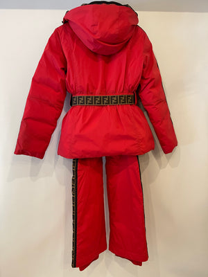 Fendi Red and Brown Reversible Jacket and Trousers Ski Set with Monogram Details Size IT 38 (UK 6)