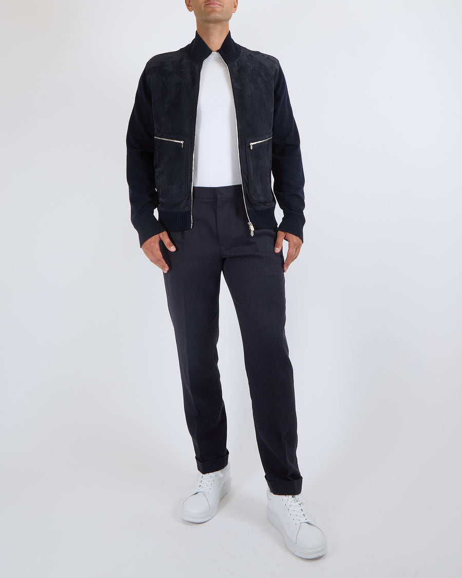 Hermès Menswear Navy Suede and Wool Jacket with Silver Zip Details Size XL (UK 44)
