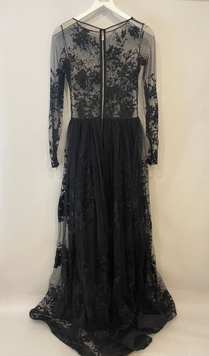 Zuhair Murad Black Long Sleeve Lace Maxi Gown Dress with Embroidery Details Size UK 10