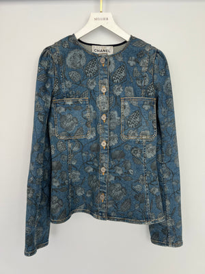 Chanel 21/A Flower Printed Denim Jacket with Silver CC Button Details Size FR 38 (UK 10)