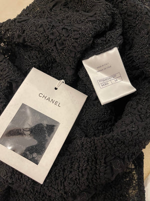 Chanel Black Textured Tulle Top and Cyclist Shorts Set with Camelia Details and Crystal CC Logos Size FR 34 (UK 6)