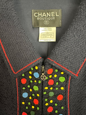 Chanel 97A Navy Wool Long Sleeve Jacket and Pencil Skirt Set with Red, Blue, Green and Yellow Neckline Applique Detail Size FR 38 (UK 10)