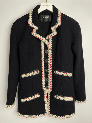 Chanel Navy Wool Long Sleeve Jacket with White and Red Trim, Double Pocket Detail and Ruthenium Logo Buttons Size FR 36 (UK 8)