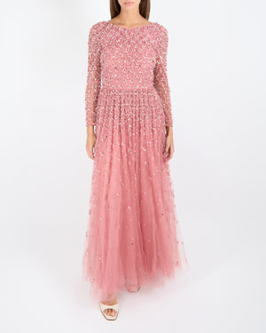 Valentino Pink Tulle Long Sleeved Gown with Crystal and Flower Embellishments Size IT 38 (UK 6)