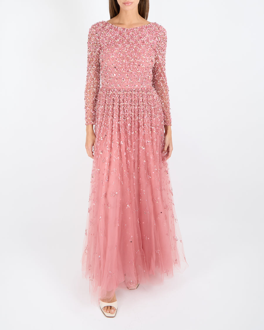 Valentino Pink Tulle Long Sleeved Gown with Crystal and Flower Embellishments Size IT 38 (UK 6)