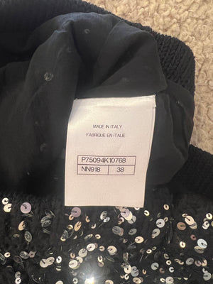 Chanel Spring 2023 Black Sequin Embellished Crocheted Shorts with Silver Crystal Embellished Bow Detail Size FR 38 (UK 10)
