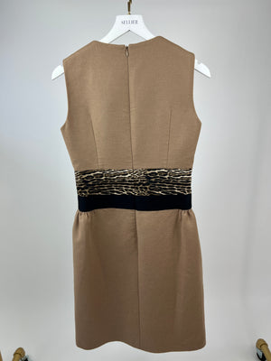 Giambattista Valli Camel Halter-Neck Midi Dress with Leopard Print Waist Detail IT 42 (UK 10)