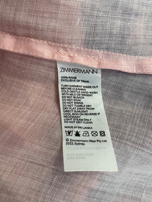 Zimmermann Pink and Purple Ramie Blouse and Linen Shorts Set with Straw Belt and Pink Beaded Buckle Detail Size 0 (UK 8)