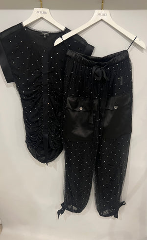 Chanel La Pausa Cruise 2019 Black Tulle Polka Dot Top and Trousers Set with Crystals and Satin Details Size FR 34 (UK 6)