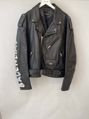 Balenciaga Black Leather Biker Jacket with Logo and Buckle Details Size IT 46 (UK 14) RRP £5,000