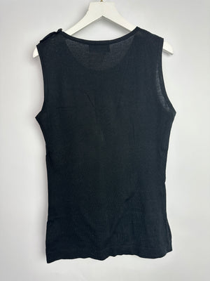 Chanel 95P Vintage Black Sleeveless Cotton Top with Stitched Logo and Gold Logo Buttons on the Shoulder Size FR 36 (UK 8)