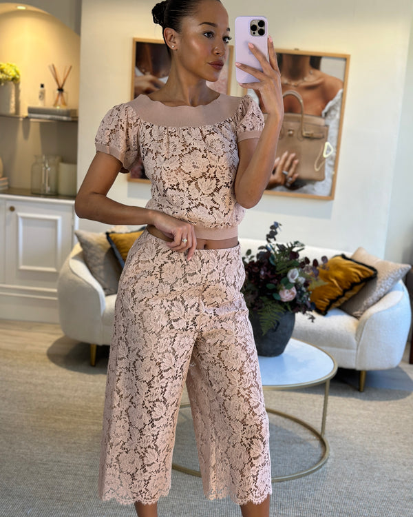 Valentino Blush Lace Two-Piece Culotte and T-Shirt Set with Back Detail IT 42 (UK 10)