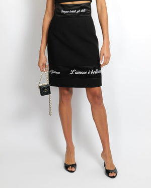 Dolce & Gabbana Black "L'amore è Bellezza" Midi Skirt with Logo and Phrase Embroideries Size IT 44 (UK 12)