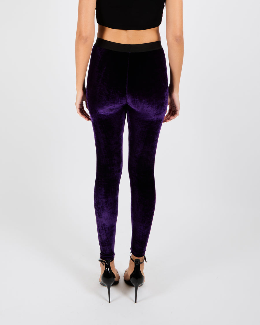 Tom Ford Purple Velvet Leggings with Waistband Black Logo Detail Size S (UK 6/8)