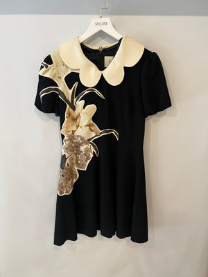 Valentino Black Short Sleeved Mini Dress with Floral Patch Detail and Cream Scalloped Collar Size IT 42 (UK 10)