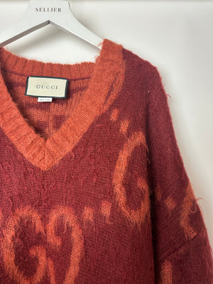 Gucci Burgundy Mohair V-Neck Jumper with GG Details Size S (UK 8)