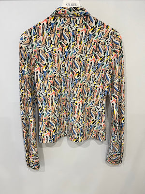 Chanel Spring 1995 White Button Down Shirt with Multicolour Shoe and Logo Print with Black and Gold CC Buttons Detail Size FR 36 (UK 8)