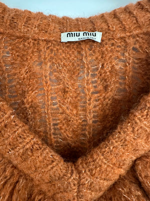 Miu Miu Burnt Orange Oversized Cable Knit Long Line Sleeveless Jumper with V-Neck and Ruffle Detial Size IT 36 (UK 4)