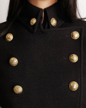 Balmain Black Wool Double Breasted Coat with Gold Buttons Size FR 38 (UK 10)