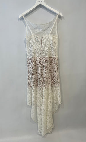Chanel Métiers d'Art 2023 White Lace Asymmetric Midi Dress with Silver CC Logo Detail Size FR 36 (UK 8)