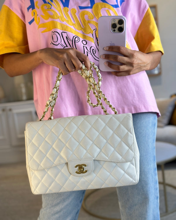 *RARE* Chanel Vintage White Jumbo Classic Single Flap Bag in Caviar Leather with 24K Gold Hardware RRP £9,240